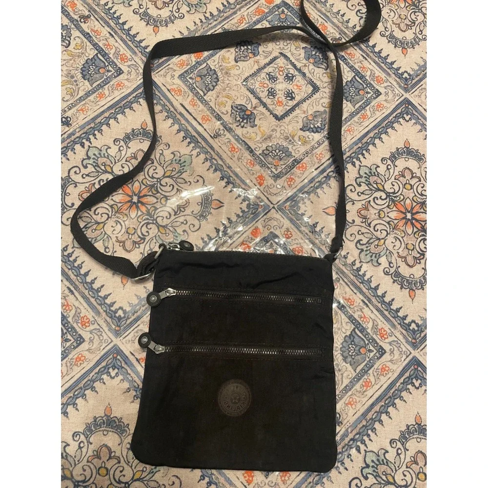 Kipling Black Nylon Crossbody Bag Slim Messenger Travel Shoulder Bag